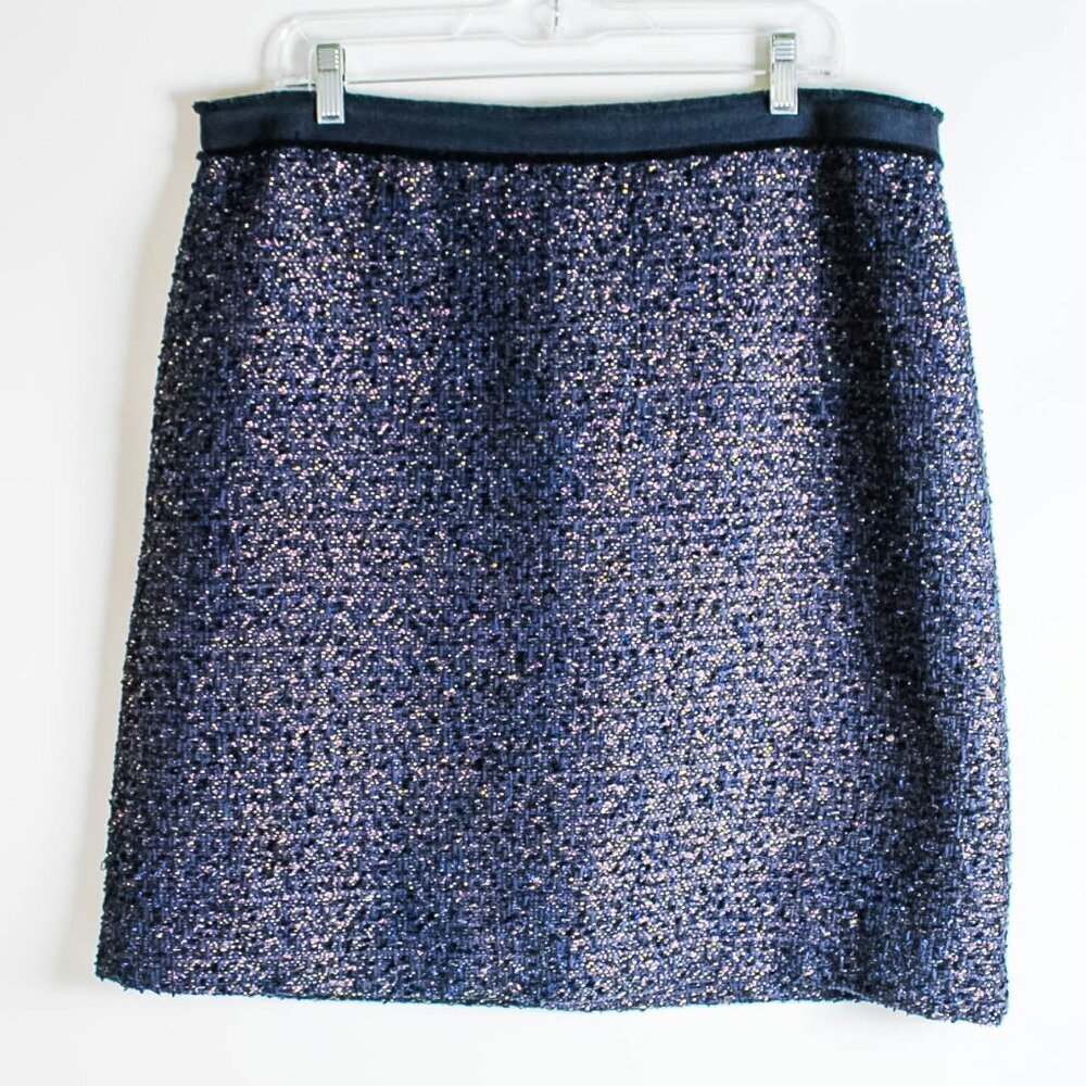 Ann Taylor Tweed Skirt Size 16 Blue Purple Fringe Trim Lined